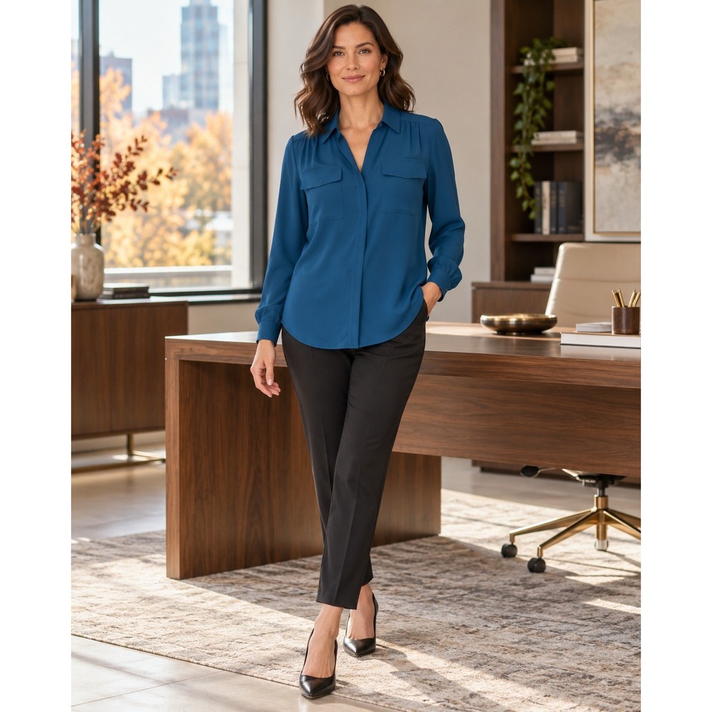 Ann Taylor Petite Blouse Womens LP Teal Blue Split Neck Long Sleeve Pocket Front